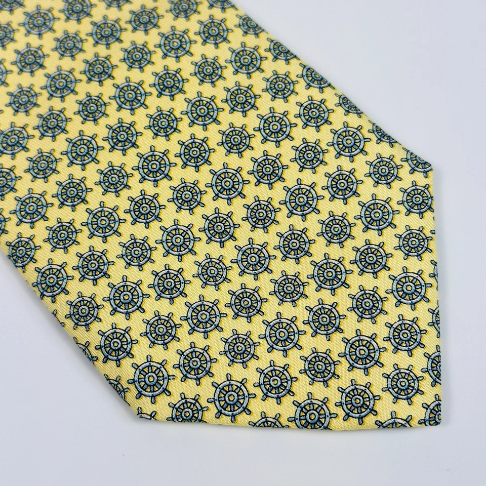 VINEYARD VINES 船方向盘 100% 真丝领带黄色 AOP 手工制作 美国制造 — 第 4/4 张图片