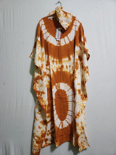 Women African Tie Dye Kaftan Long Dress 100% Cotton Free Size 56" around Mustard - Picture 9 of 23