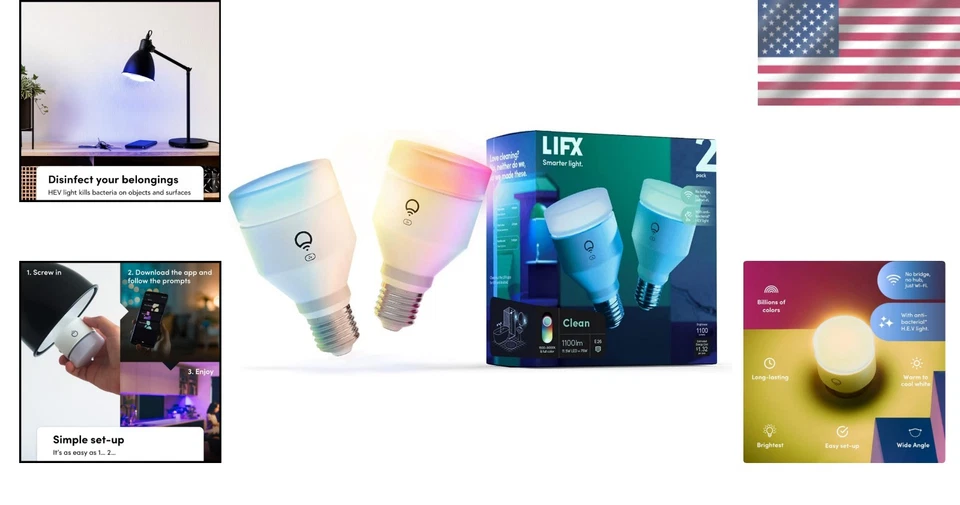2-Pack A19 Wi-Fi Smart LED Bulb, 1100 Lumens, Full Color & Antibacterial Mode - Image 2 of 4