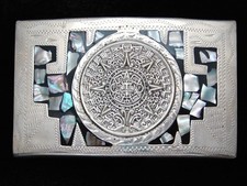 QI05157 VINTAGE 1970s  MAYAN CALENDER  SOUTHWESTERN DESIGN ART BELT BUCKLE