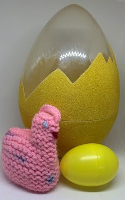 Easter Egg Candy Container Vintage Acrylic Yellow Flocked Pink Crochet Chicken