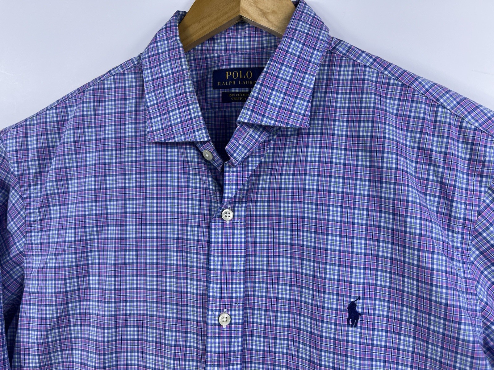 Polo Ralph Lauren camicia uomo XL pony bottoni 100% cotone elasticizzato blu rosa