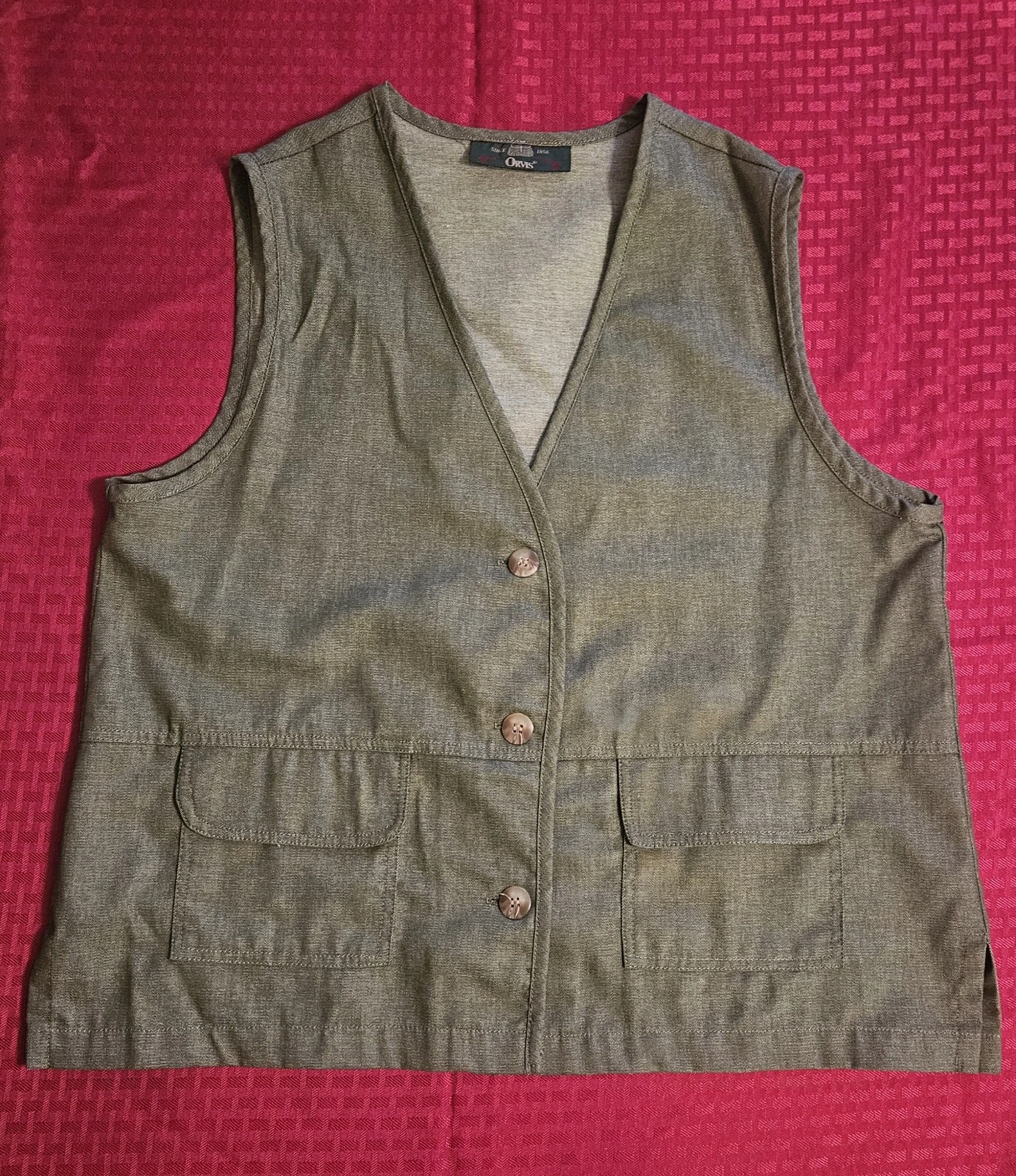 Orvis Fishing Vest Women's Olive Sz PL W/2 Pockets W/Flaps Side SlitsMade In USA