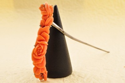 With Certification antique red coral Japanese hair stick KANZASHI carved ''Rose''.