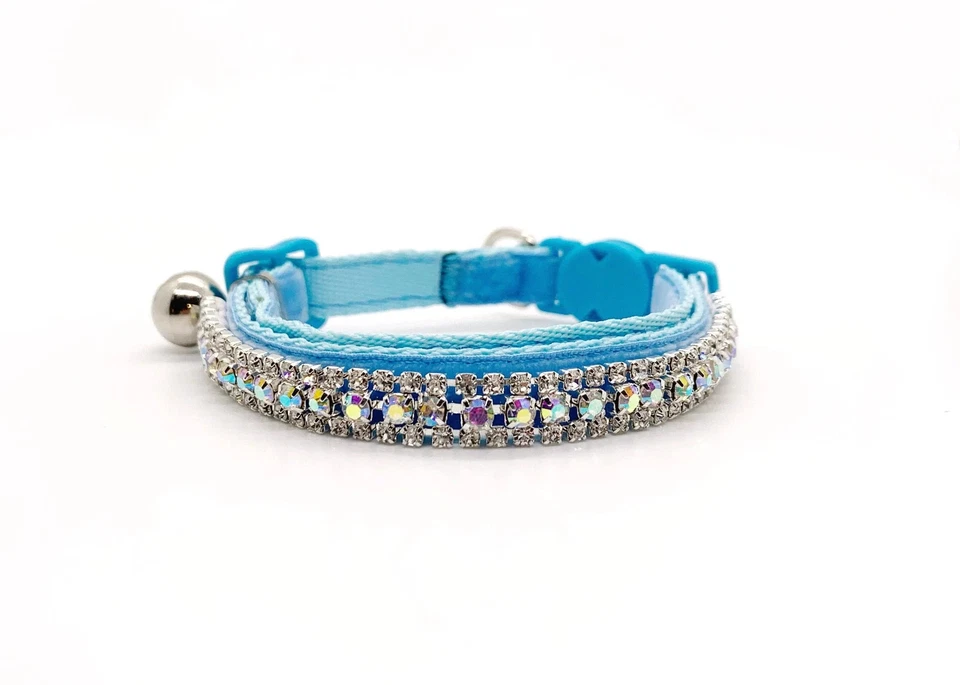 Светло-синий бархатный ошейник для домашних животных с хрустальной блестящей отделкой для кошек и маленьких собак - Изображение 3 из 4