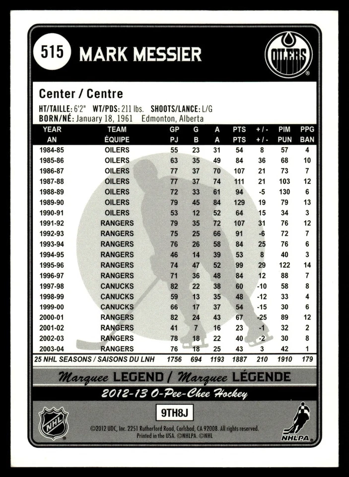 2012-13 O-Pee-Chee MARQUEE LEGEND FOIL Mark Messier Edmonton Oilers #515 - Image 2 of 2