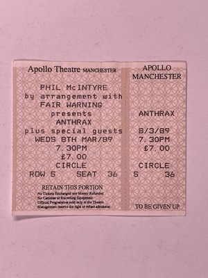 Anthrax Concert Ticket Original Apollo Theatre Manchester UK 8th March 1989