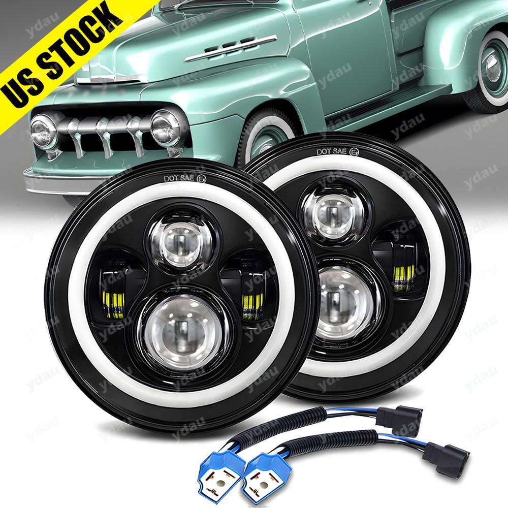 Fit Ford F1 1948-1952 Pair 7" Inch Round LED Headlights Halo Angel Eyes DRL