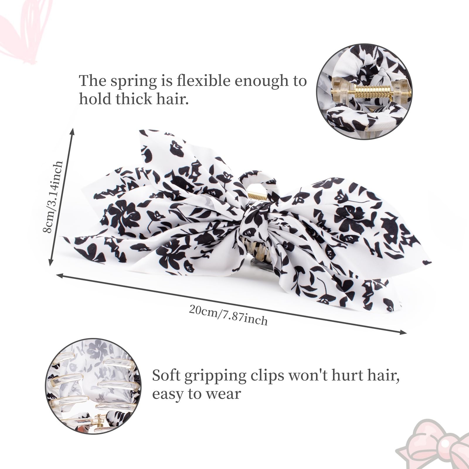 Hadutrek Bow Claw Clips Black White 3PCS Big Hair Bows for Women Thick Hair