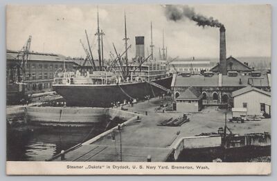 Bremerton Washington~Steamer ''Dakota'' In Drydock~US Navy Yard~Smokestack~1907
