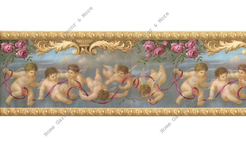 Victorian Architectural Molding Angels Cherubs Rose Wallpaper Border RARE - Picture 2 of 3