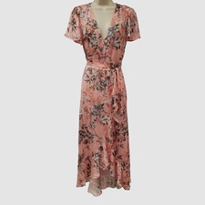 Guess Women Pink Juna Floral V-Neck Flutter-Sleeve Wrap Maxi Dress Size XS