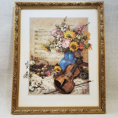 Signed "Jose" Painting Print Gold Wood Frame Violin Sheet Music  Flowers on Table | eBay