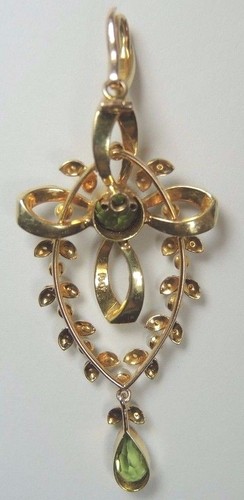 Art Deco 1920's Peridot Seed Pearl 14k Yellow Gold Lavalier Pendant Antique - Picture 9 of 10