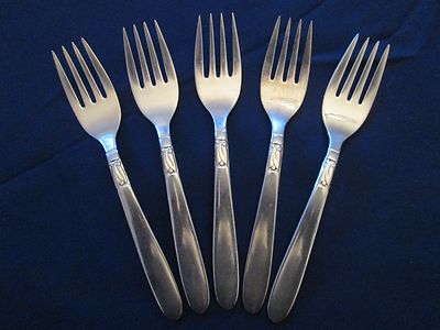 SET of 5 SALAD FORKS: Vintage INTERNATIONAL stainless: CREATION 1 pattern!