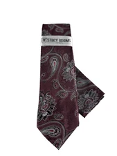 Stacy Adams Men's Tie & Hanky Burgundy Red Silver Black Gray Paisley 3.25" Wide