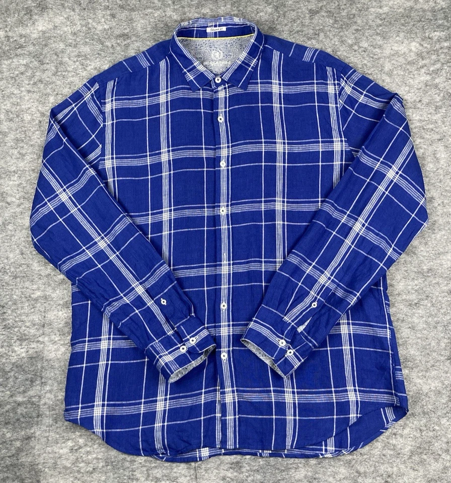 Bugatchi Shirt Mens XL 100% Linen Blue Plaid Long Sleeve Button Up Flip Cuffs - Image 2 of 4