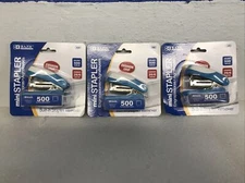 Mini Cushion Grip Standard Staplers 26/6 W/ 500 Staples Blue Lot Of 3 Bazic New