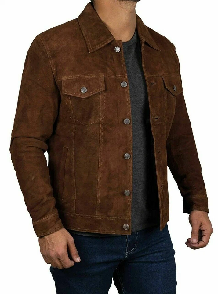 Men's Logan Dark Brown Suede Leather Jacket Western Denim Style Trucker Jacket - Image 2 of 4