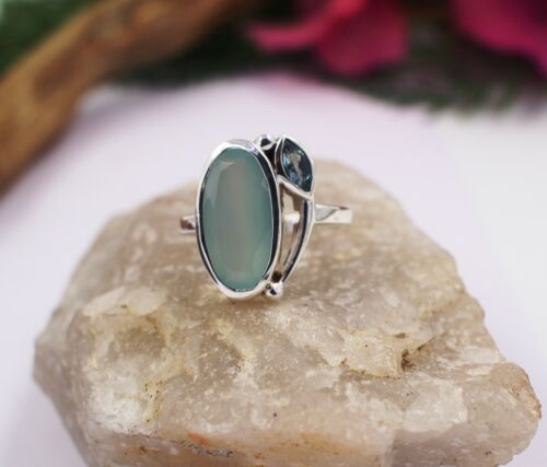 Aqua Chalcedony & Swiss Blue Topaz Ring Size 7 Solid Sterling 925 Silver Jewelry - Afbeelding 1 van 6