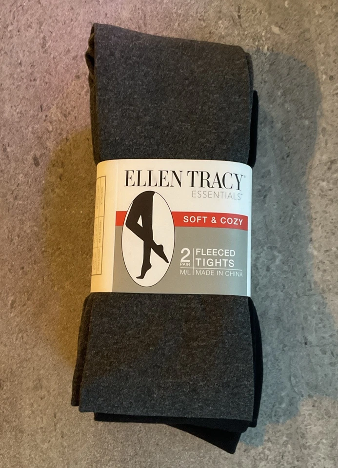 ELLEN TRACY ESSENTIALS 2 Pair Soft & Cozy Fleeced Tights Gray Black Size M/L - Image 2 of 4