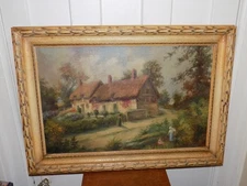 Vintage Oil Painting of a Cottage and Garden in Frame
