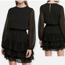 Express black dress with polka dot sparkle accents tiered ruffle long sleeve L