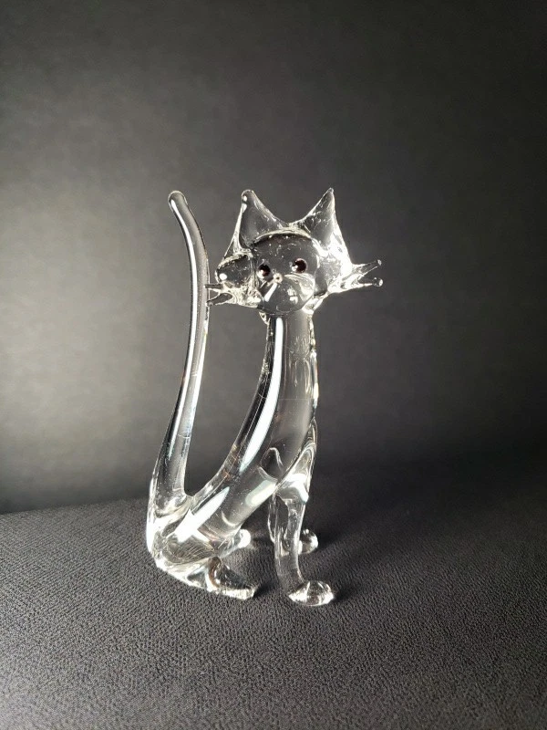 Estatuilla de gato de vidrio soplado a mano alto cuello largo arte vidrio cristal transparente estilo Foto 2 de 4