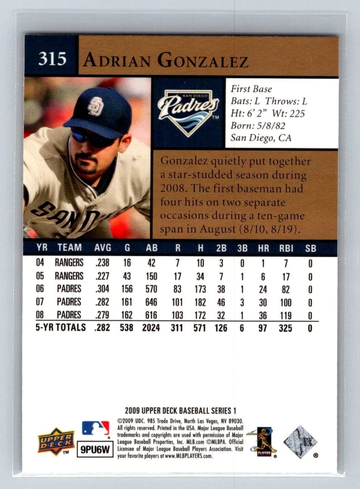 2009 Upper Deck #315 Adrian Gonzalez San Diego Padres B84 - Image 2 of 2