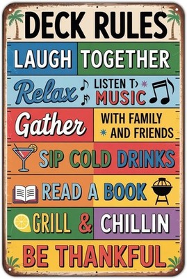 Deck Rules Laugh Together Deck Grill  Tin Metal Signs Home Décor 8x12
