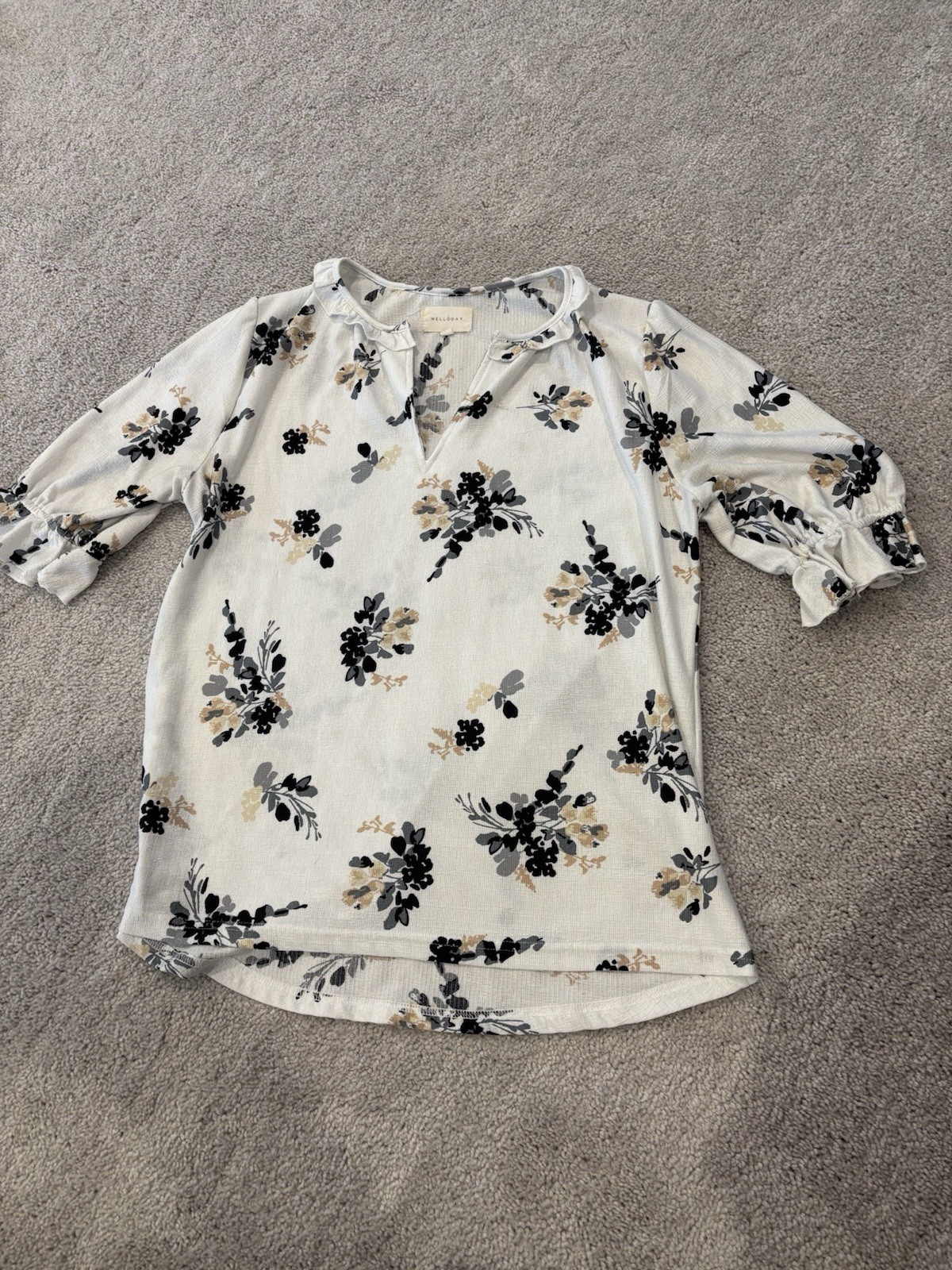 Melloday Women’s Floral Top Blouse Shirt Black Gray White 3/4 Sleeves Sz Small
