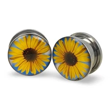 Pair of Screw on Sunflower Picture Plugs gauges 16g thru 1 inch