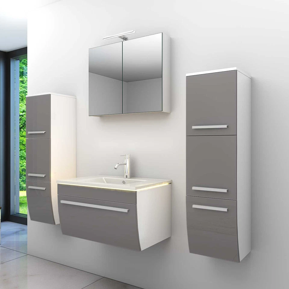 Badmöbel Set Gently 3 V3 Weiß/Grau Badezimmermöbel Badspiegel Waschtisch 70 cm - Bild 2 von 4