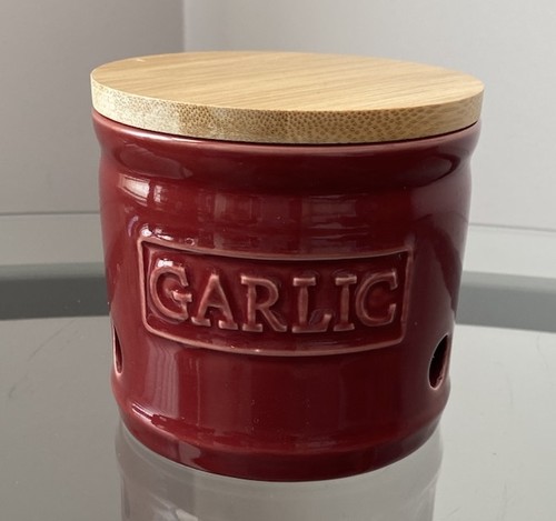 ONEMORE Red Ceramic Garlic Keeper with Wood Lid