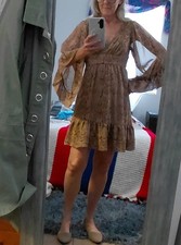 Tan/ beige & Brown Betsey Johnson Snake Print Wide Flowy Sleeve Midi Dress Sz 2