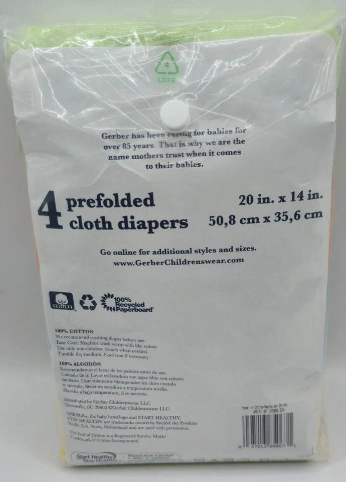 NOS GERBER PREFOLDED CLOTH DIAPERS 4 Pk Unisex Colors  - Image 4 of 4