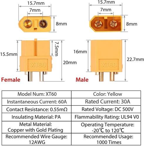 2 paires de connecteurs XT60 mâle/femelle + câble silicone 12AWG 100mm jaune - Photo 5/5