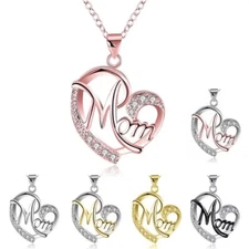 USA Mom Women Heart Crystal Rhinestone 925 Silver Chain Pendant Necklace Charm