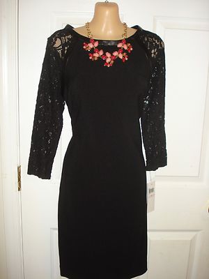 London Times Wear to Work 3/4 Sleeve With Lace Trim Black Color Shift Dress Sz 6