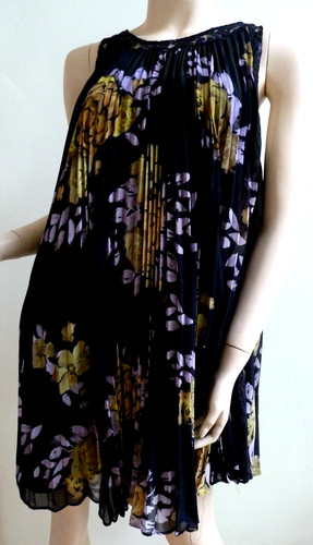 Free People Dress SP Black Floral Pleated Tent Mini Lined Lace Trim Sleeveless