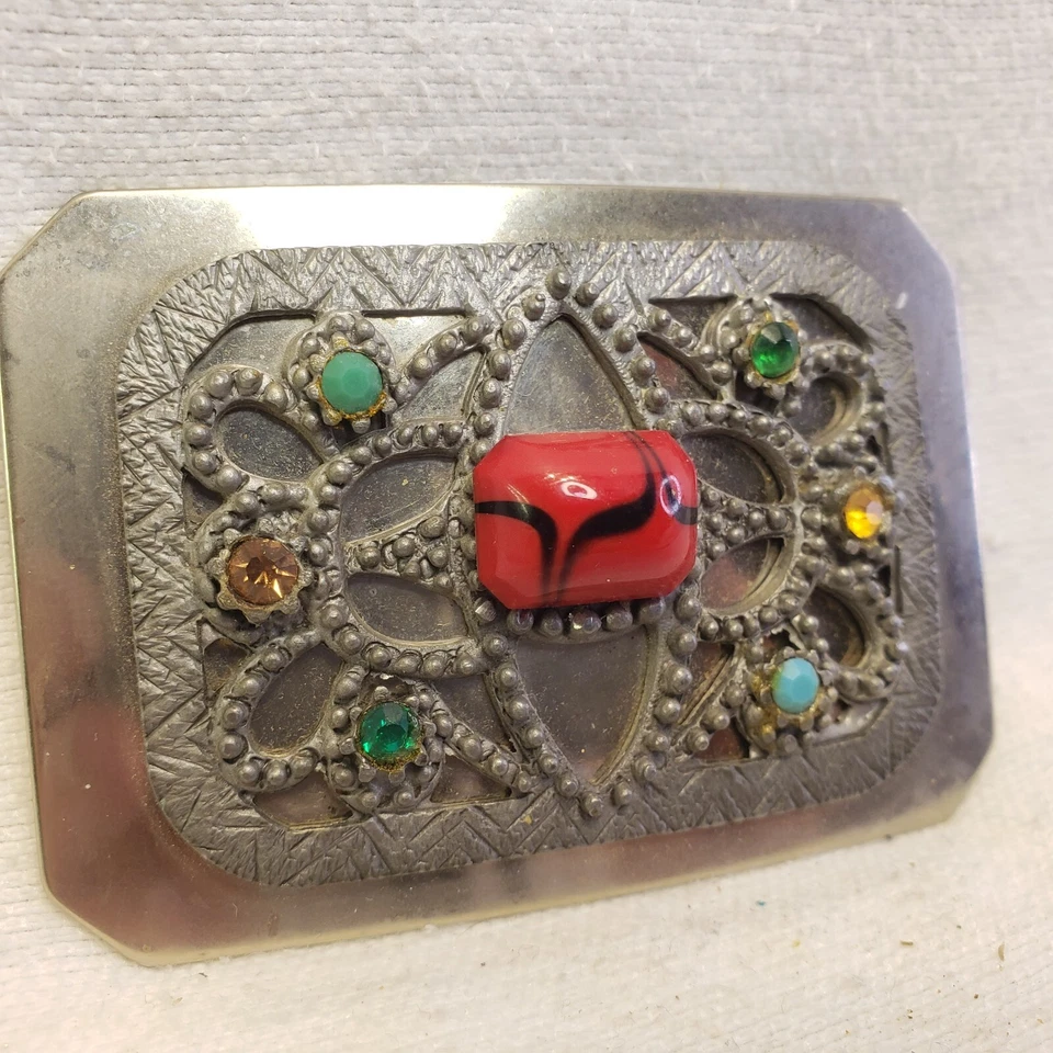 ☆Traditional Vintage Native American Navajo Designed Belt Buckle w/ Stone Inlays - Image 2 of 4
