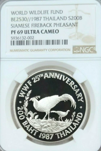 1987 THAILAND SILVER 200 BAHT SIAMESE FIREBACK PHEASANT NGC PF 69 ULTRA CAMEO !