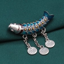 K22 Ciondolo Arco Pesce Blu Con Tre Ciondoli Pesci Piccoli Argento 925