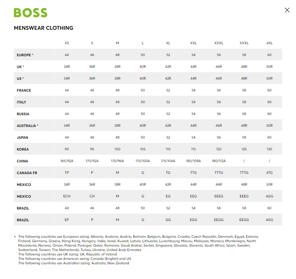 Hugo Boss Sizes Hugo Boss Sizes