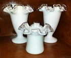 Fenton Silver Crest Trumpet Vases  2 Ruffled Edge Footed 6.5” & 1 Ruffled Hat