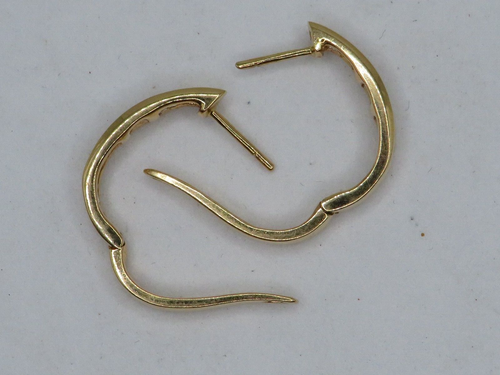 14K YELLOW GOLD ELOGATED HINGED HOOP EARRINGS w 10 RBC & 8 BAGUETTE DIAMONDS* - Picture 10 of 16