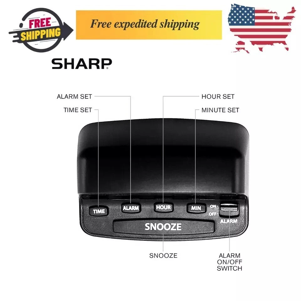 Digital Alarm Clock, SHARP, Midnight Black, Easy Controls, Red LED Display - Image 3 of 3