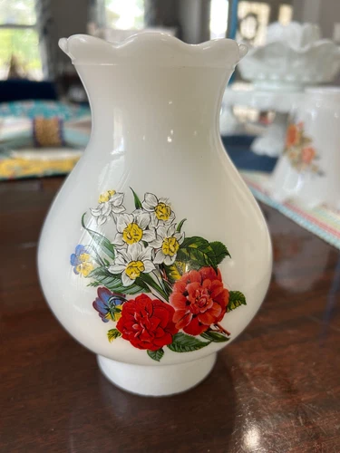 Vintage Daffodil Violet Rose Floral Hand Fluted Hurricane Milk Glass Lamp Shade