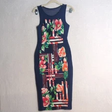 Blue Floral Blossom Sleeveless Bodycon Pencil Midi Dress Size S