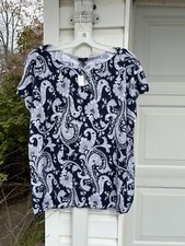 NWT Talbots Pretty Navy White Paisley Boatneck Short Sleeve Sweater 3X